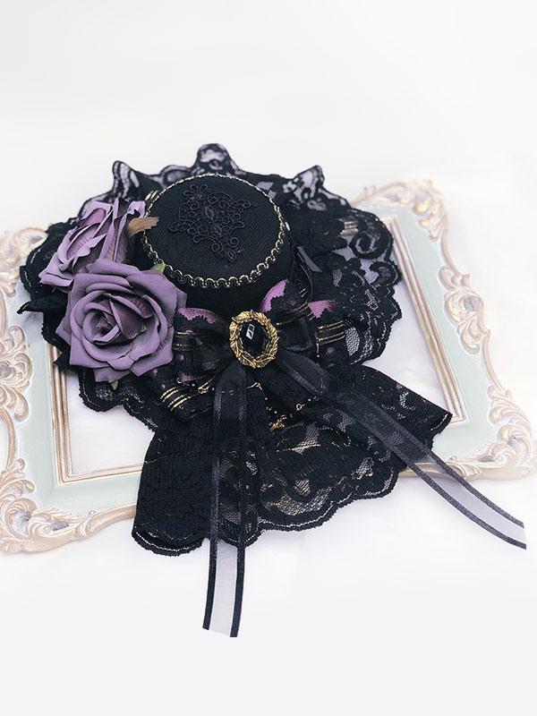 Sombrero de Lolita gótico Botas de arcos de flores negras Sombrero de copa  plano de Lolita 