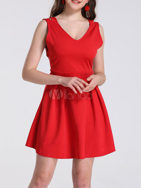 Red Skater Dresses V Neck Bows Backless Sleeveless Fit And Flare Dress