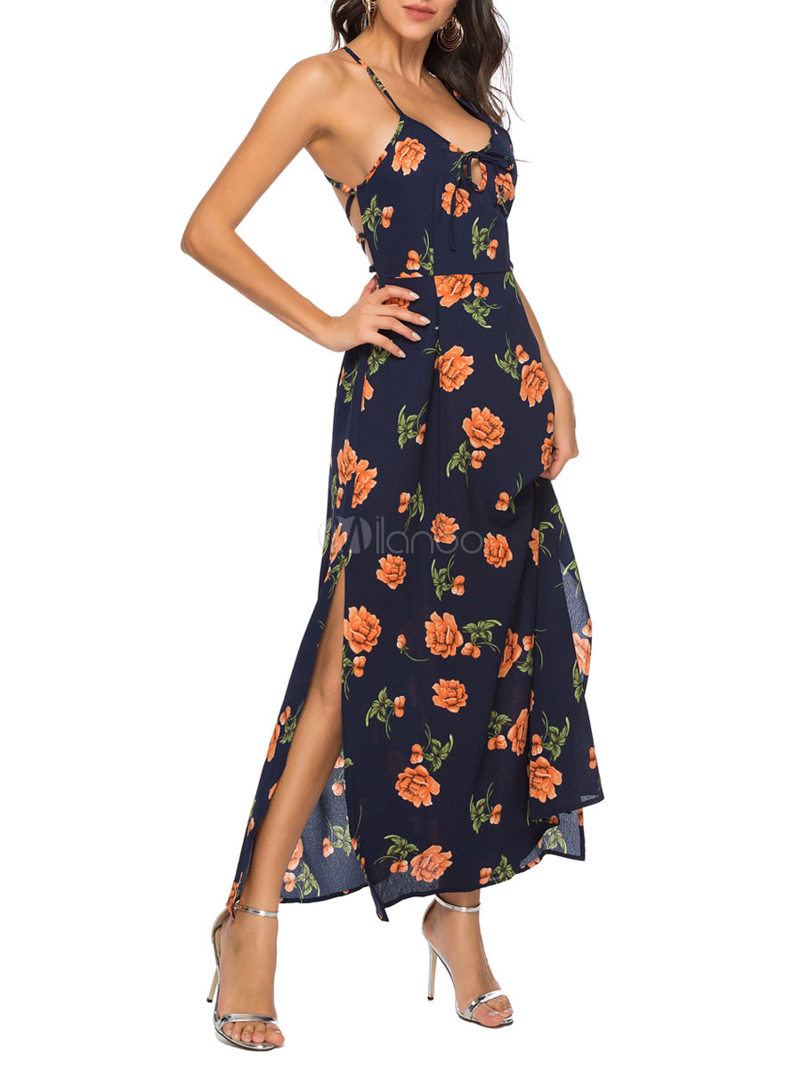 Floral Maxi Dresses Chiffon Lace Up Sleeveless Black Printed Floor ...