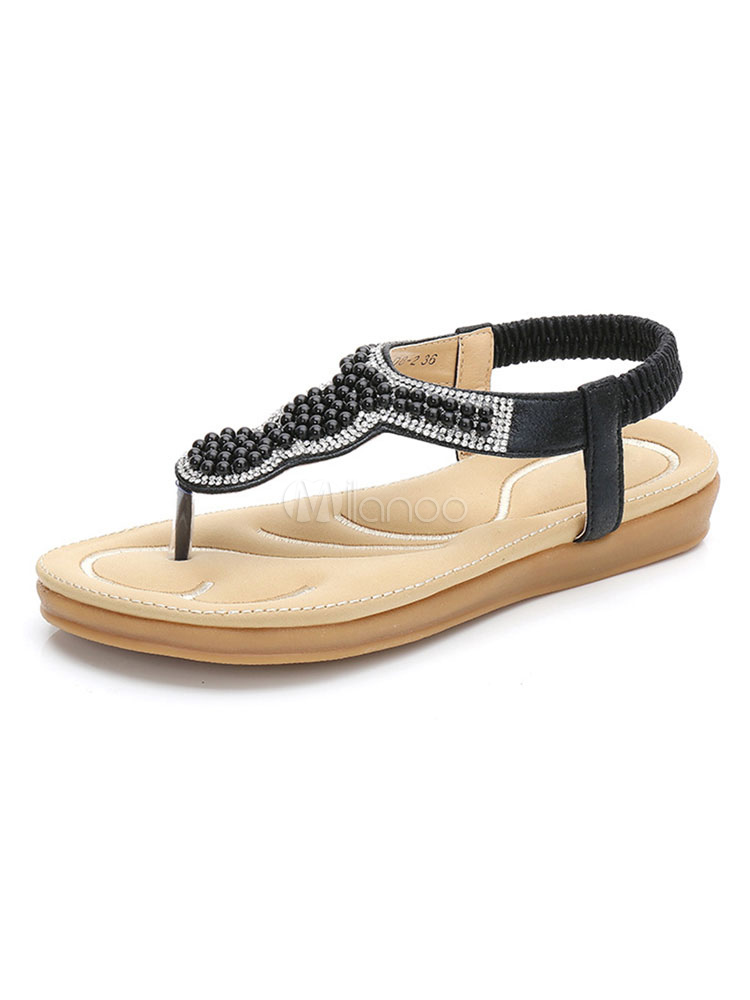 Black Flat Sandals Women Thong Pearls Rhinestones Beaded Beach Sandals ...