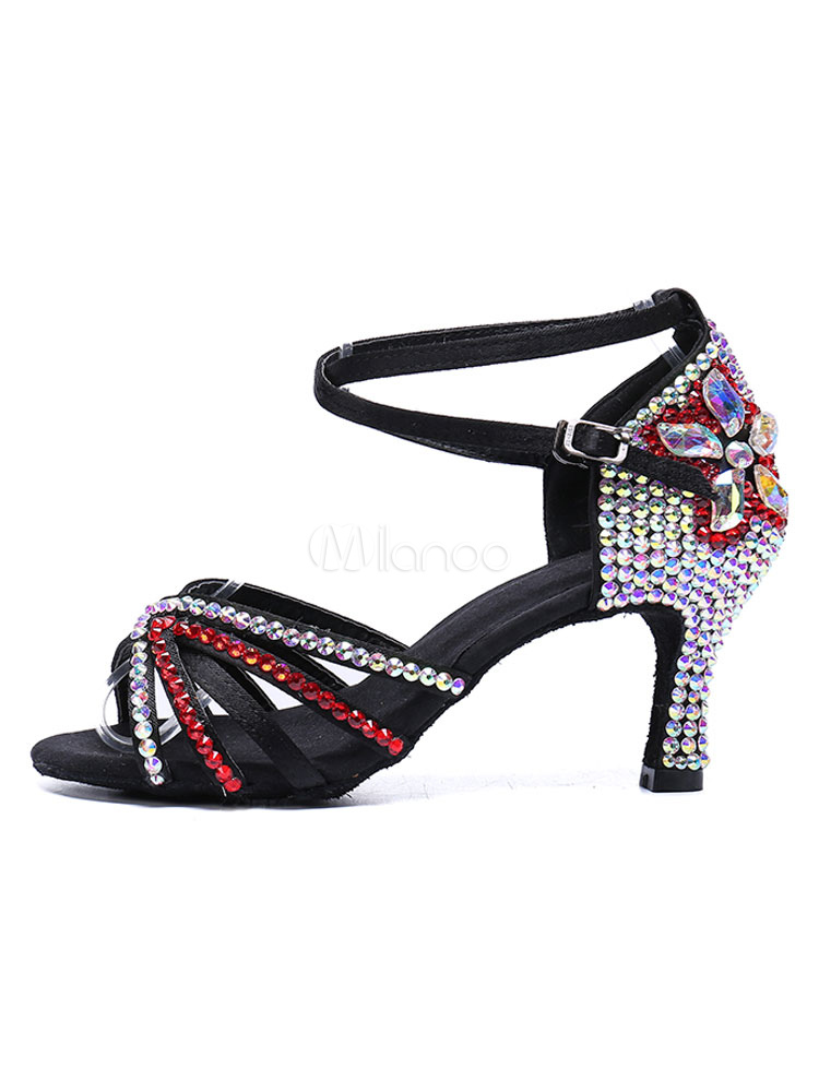 Latin Dance Shoes Black Open Toe Rhinestones Ballroom Dance Shoes