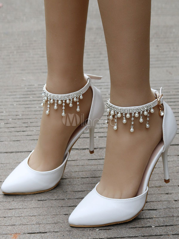 Chaussures de mariage blanc perles en cuir PU bout pointu chaussures de