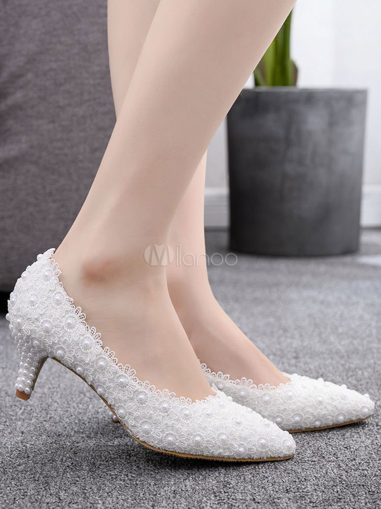 Wedding Shoes Split Color Leather Pearls Pointed Toe Kitten Heel Bridal ...