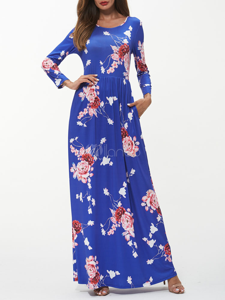 マキシワンピース ロイヤルブルー 長袖 マキシワンピース 花柄 リゾート ワンピース レディースファッション ラウンドネック ポリエステル ロング ワンピース レディースワンピース Milanoo Jp