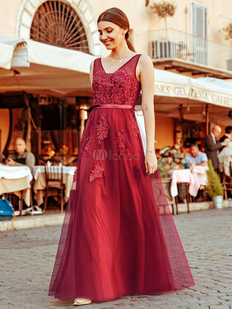 Prom Dress 2020 Lace V Neck Sleeveless Floor Length Social Party