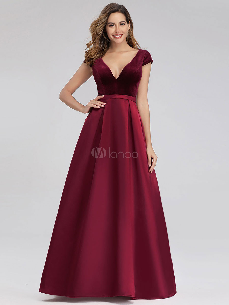Prom Dress 2020 Velour A Line V Neck Short Sleeve Floor Length