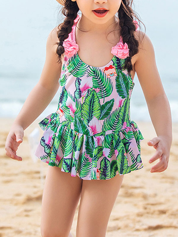 Swimsuit For Kids Mint Green Printed Straps Neck Sleeveless Summer ...