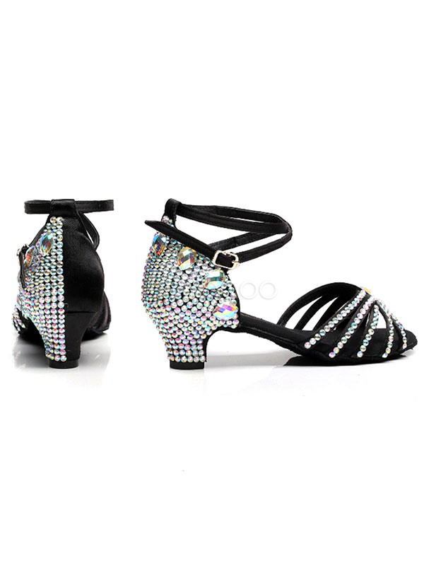 Latin Dance Shoes Black Open Toe Ballroom Dance Shoes With Rhinestones