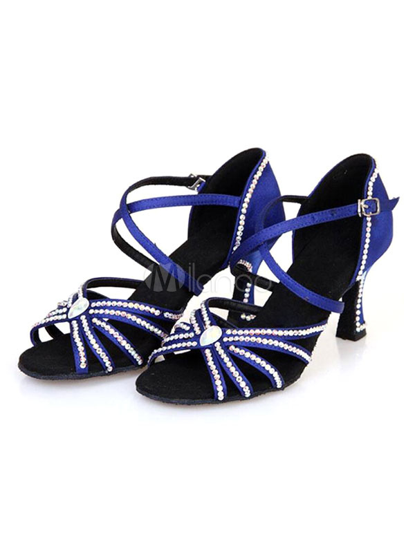 Latin Dance Shoes Black Satin Open Toe Dance Shoes With Rhinestones