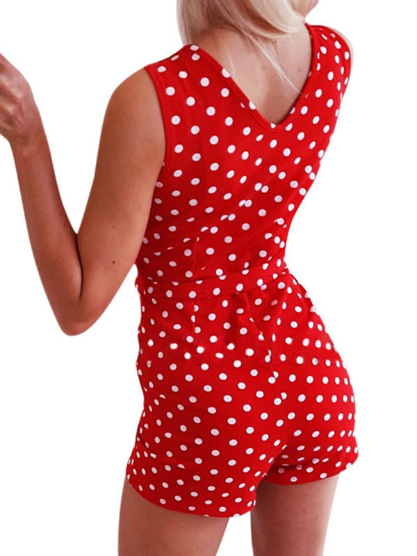 Polka Dot Romper Shorts Red V Neck Sleeveless Sash Women Playsuit