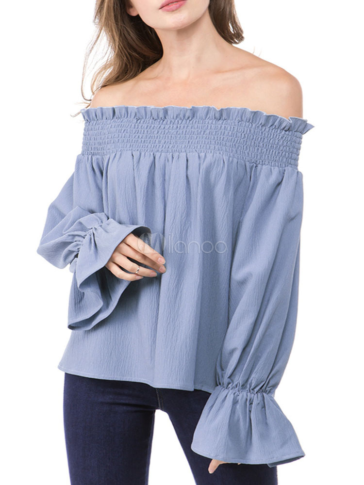 Blue Bardot Top Off The Shoulder Long Sleeves Tees For Women - Milanoo.com