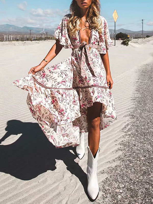 Women's Clothing Dresses | Boho Summer Dress V Neck Short Sleeves Printed High Low Cut Out Beach Dress - OD50059