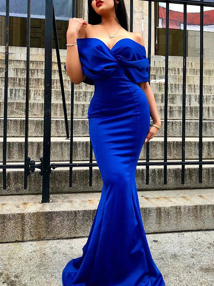 マキシワンピース ロイヤルブルー 半袖 無地 リゾート ワンピース レディースファッション オフショルダー ミルクシルク シェイプアップ ロング ワンピース レディースワンピース Milanoo Jp