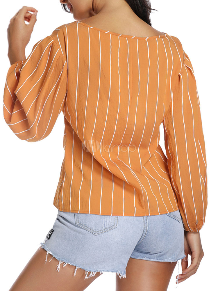 Long Sleeves Tees Orange Stripes Lace Up Jewel Neck Women T Shirt ...