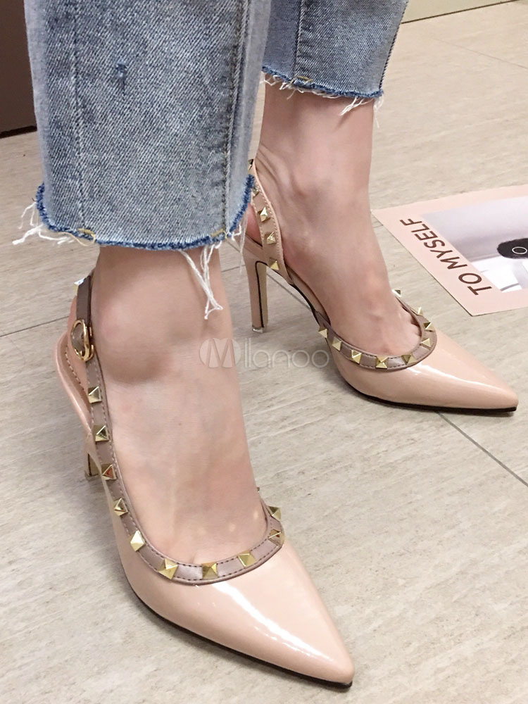 High Heels Nude Patent Leather Pointed Toe Rivets Patent Slingbacks ...
