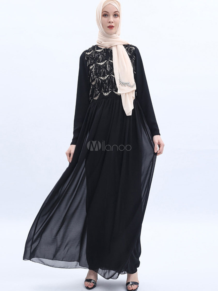 Lazzboy Muslimische Abend Maxi-Kleid Muslimischen Kleider Frauen Spitze Pailletten Strickjacke Maxikleid Abaya Kaftan Dubai Paillettenstickerei Der Moslemischen