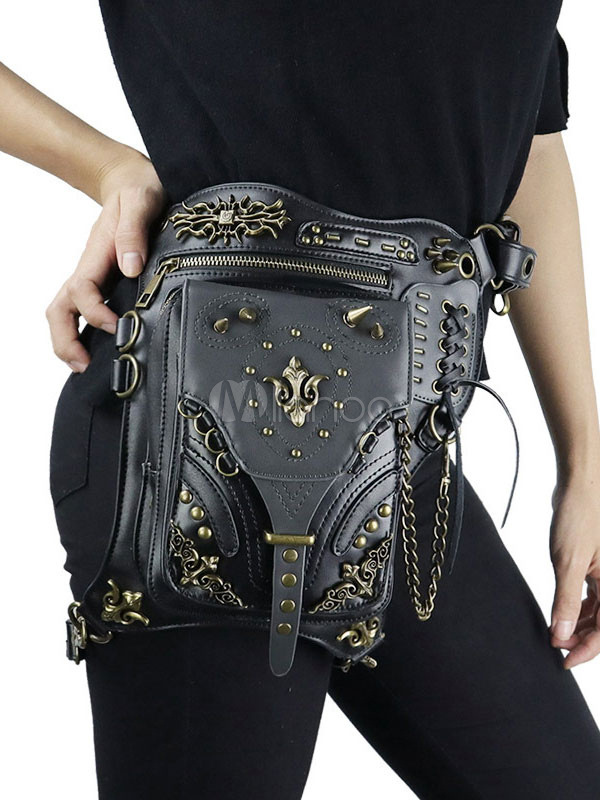 Gothic Lolita Bag Black Leather Rivets Metal Details Geometric Leather ...