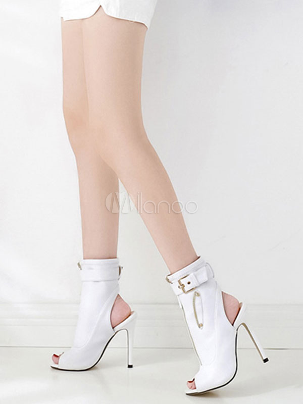 white thin heel booties