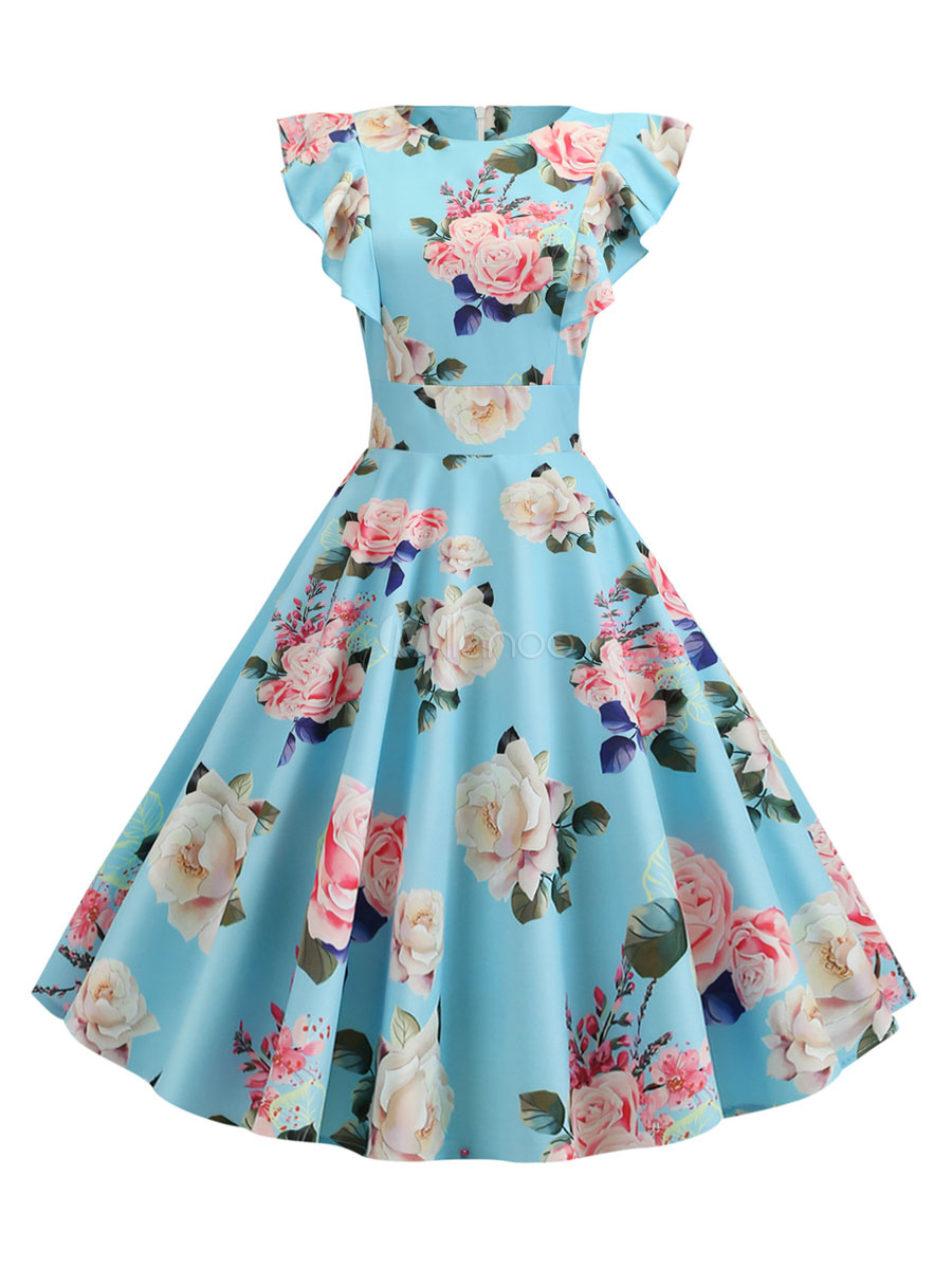 レトロワンピース 花柄 ヴィンテージ サマードレス 1950年代 ロカビリーワンピース ジュエルネック フリル スイングドレス Milanoo Jp