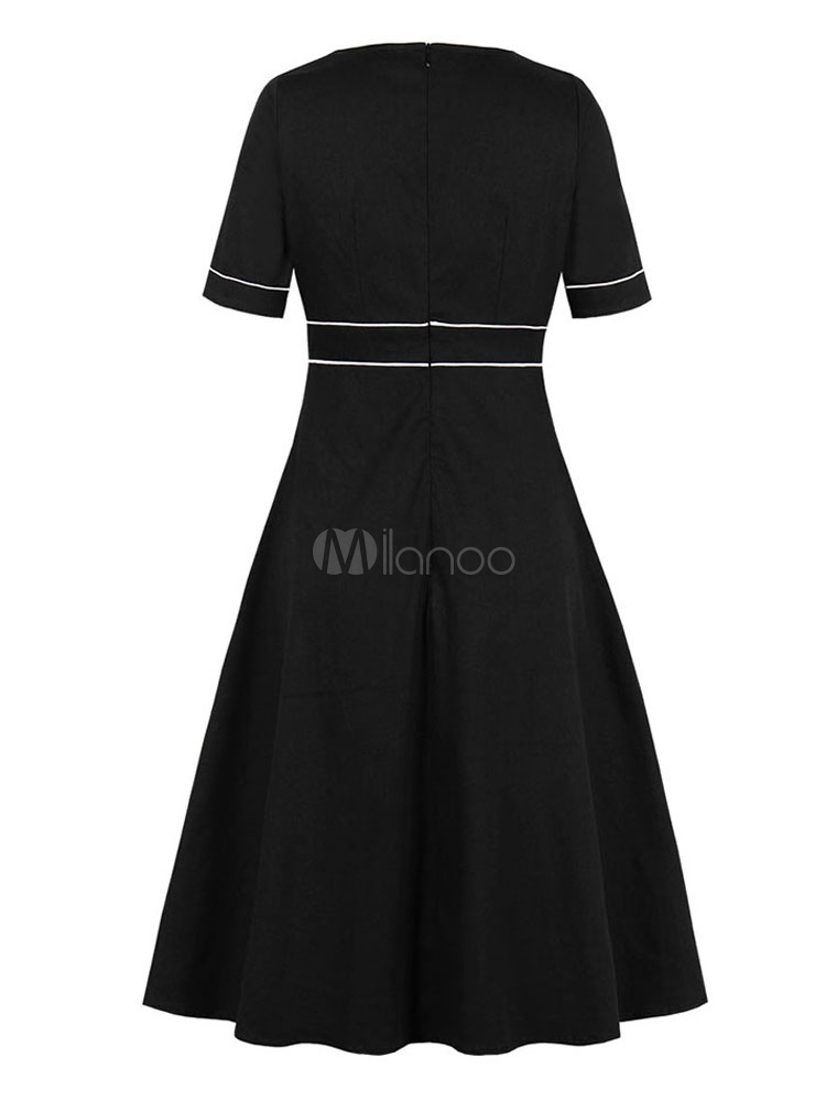 Vintage Dress Womens Black Buttons Short Sleeves V Neck 1950s Midi