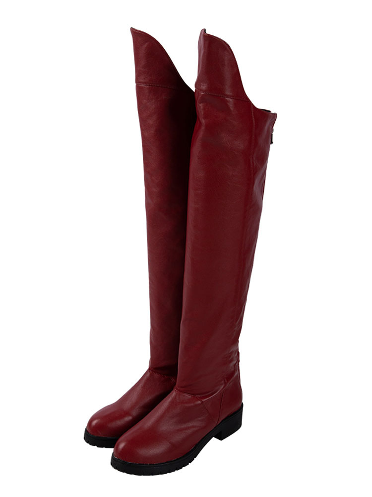 red faux leather boots
