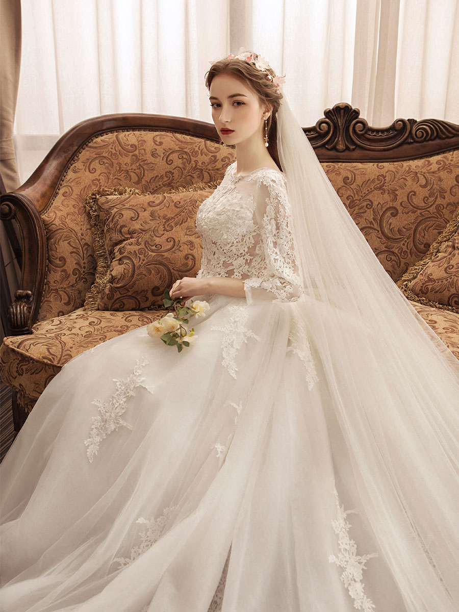 Ivory Wedding Dresses Lace Applique Jewel Neck 3/4 Length Sleeve ...