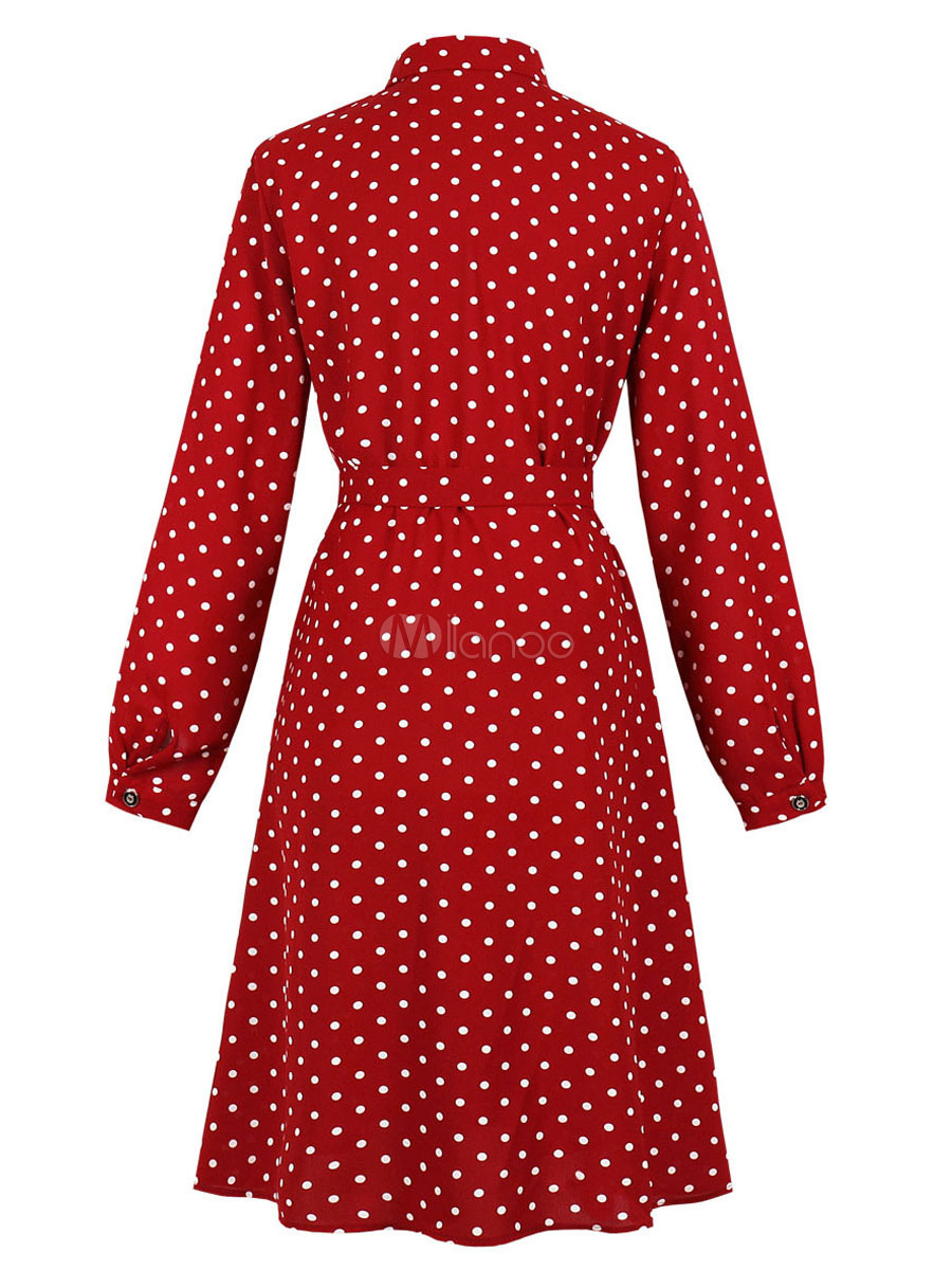 Red Vintage Dress 1950s Polka Dot Turndown Collar Buttons Long Sleeves ...