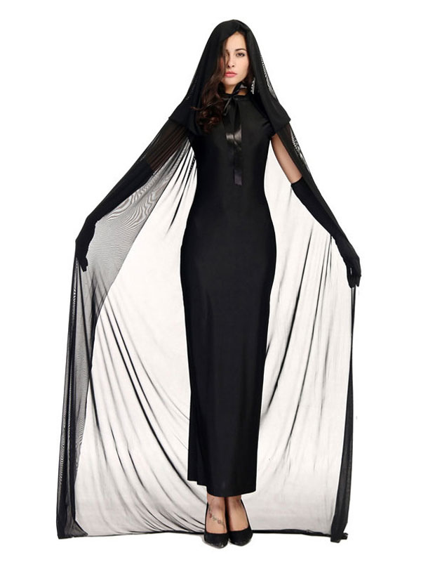  UQJE Vestido negro de lujo para mujer, disfraz de capa
