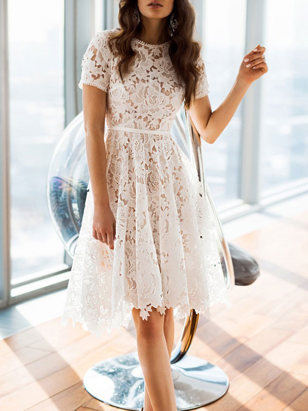 Women's Clothing Dresses | White Lace Dresses Jewel Neck Short Sleeves Cocktail Dresses - JP54935