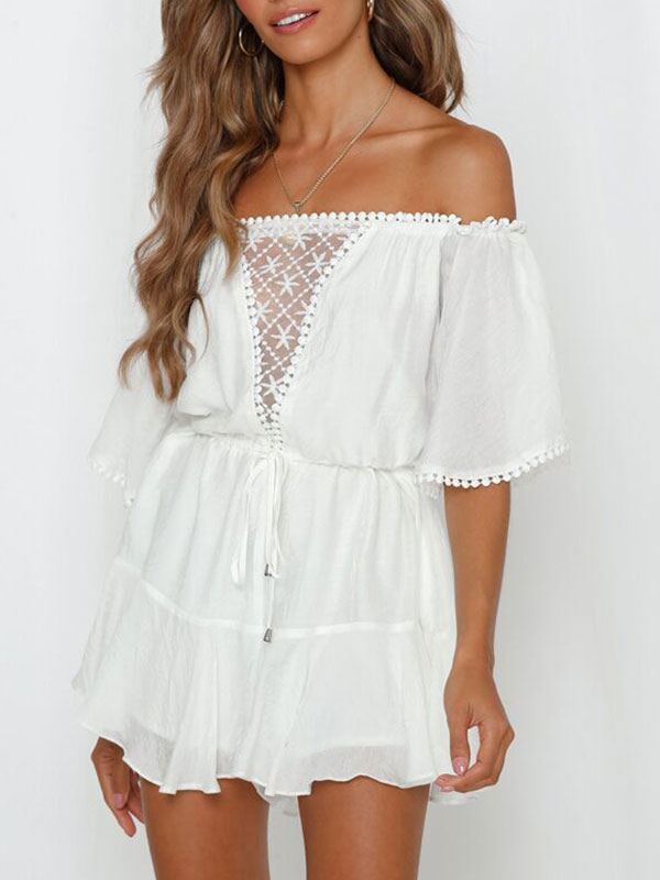 Women's Clothing Jumpsuits & Rompers | White Romper Shorts For Women Off-The-Shoulder Short Sleeves Jumpsuits For Women - JO71494