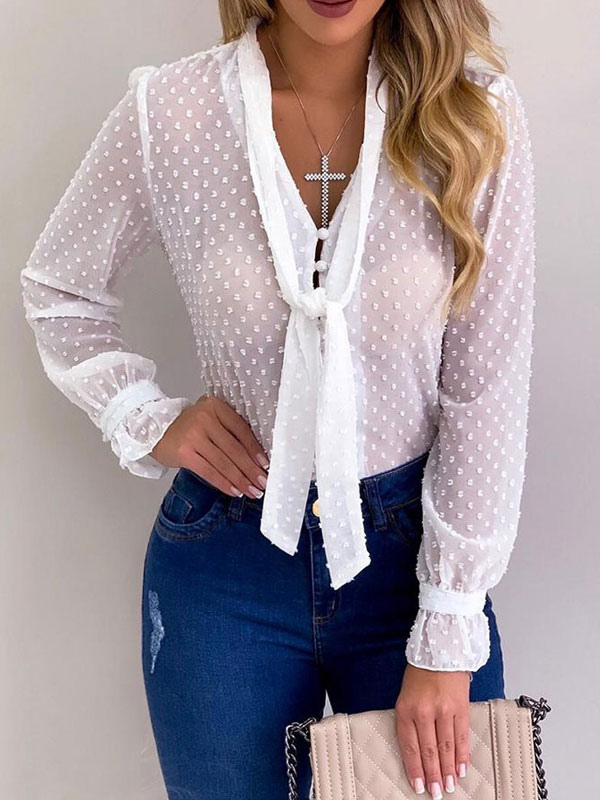Women's Clothing Tops | Women Chiffon Blouse Pussy Bows Embellished Collar Long Sleeves Tops - PG28218