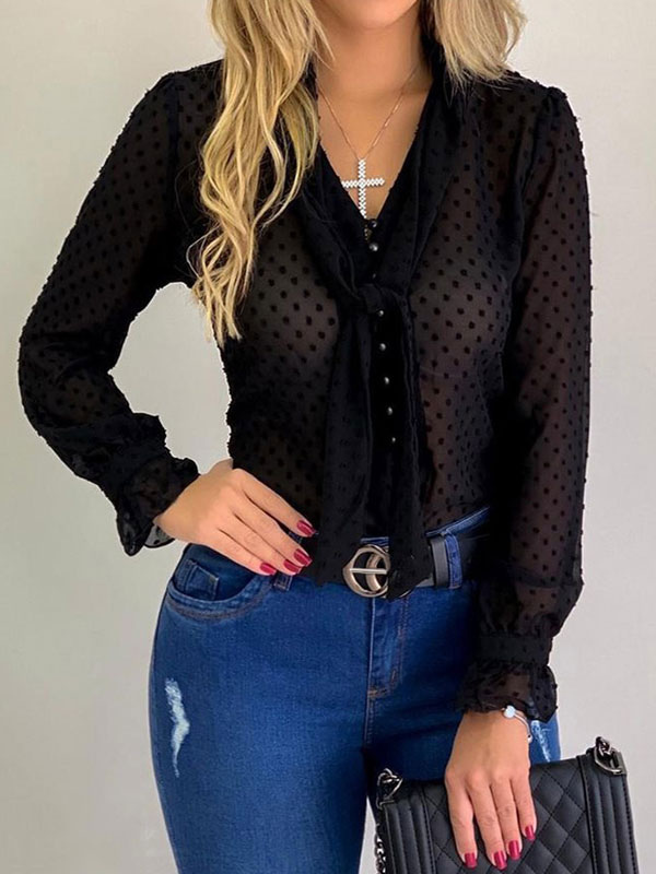 Women's Clothing Tops | Women Chiffon Blouse Pussy Bows Embellished Collar Long Sleeves Tops - PG28218
