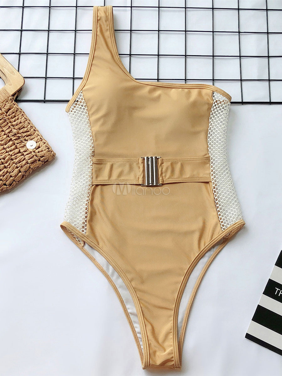 Women One Piece Swimsuits Blond Cut Out One Shoulder Natural