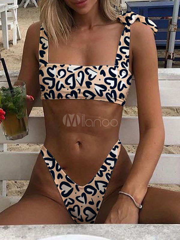 Frauen Bikini Badeanzug Khaki Riemchen Square Neck Cropped Low Rise Taille Sommer Strand Bademode Milanoo Com