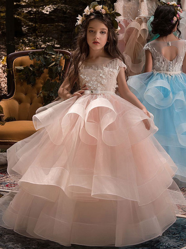 Mariage Robes de soirée pour mariage | Robe cortège enfant robe princesse rose en tulle col rond en dentelle structurée Robe fille de fleur - BV60556