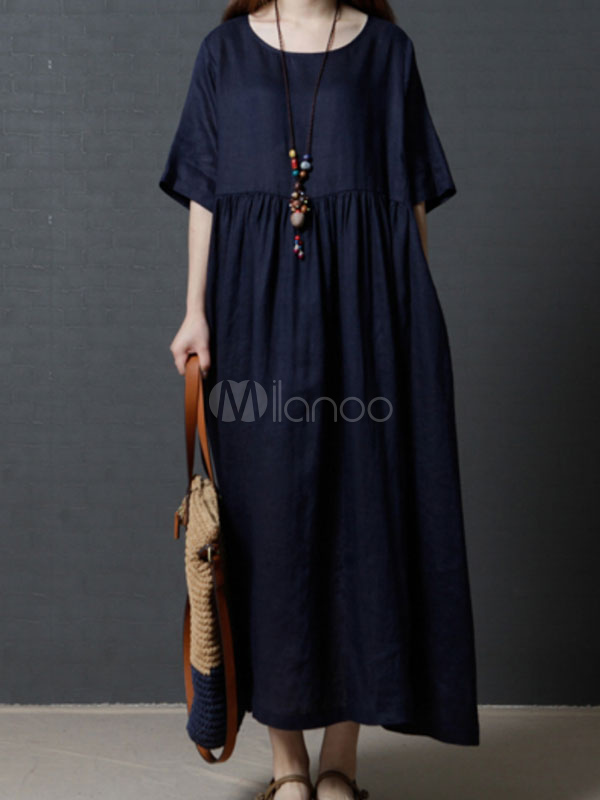 Vestiti Lunghi Blu Marino Scuro Abiti Lunghi in cotone di lino maniche  corte con scollo tondo lunga Vestiti Lunghi Eleganti Abiti - Milanoo.com