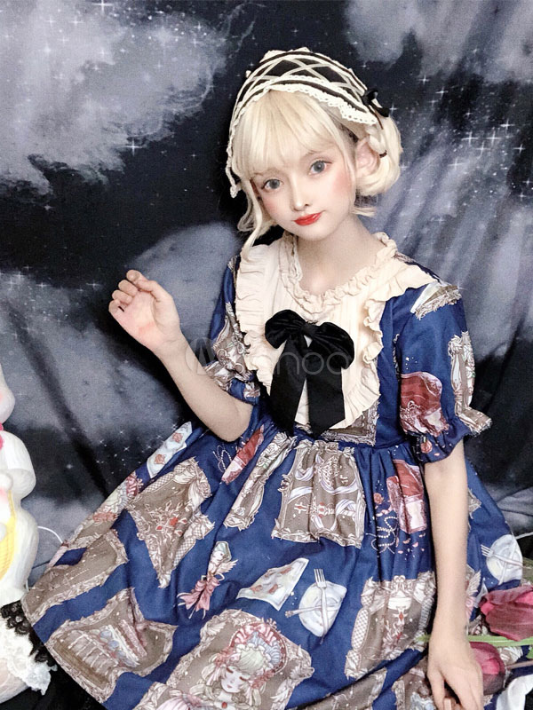 甘ロリ スウィート ロリータワンピース 半袖 童話モチーフ柄 プリーツ Opドレス ボウブループリント ロリータワンピースドレス Milanoo Jp