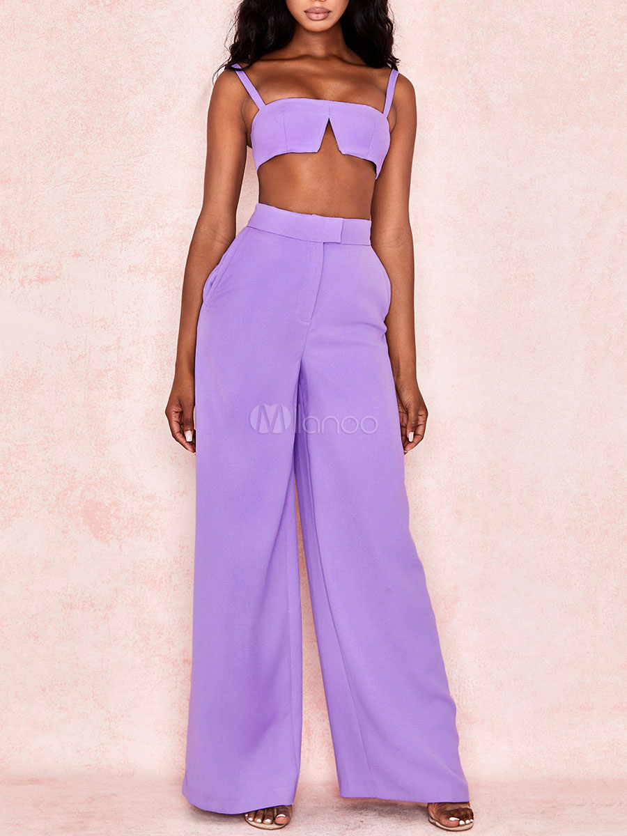 Ensemble Deux Pieces Avec Top Court Lilas Et Pantalon Large Pour Femmes Milanoo Com