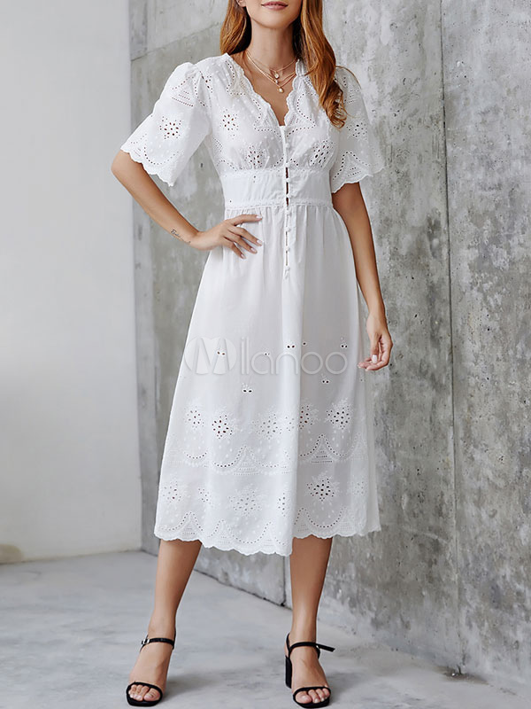 White Long Dress Cotton Eyelet Embroidered Half Sleeves V Neck Button ...