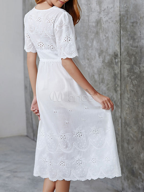 White Long Dress Cotton Eyelet Embroidered Half Sleeves V Neck Button ...