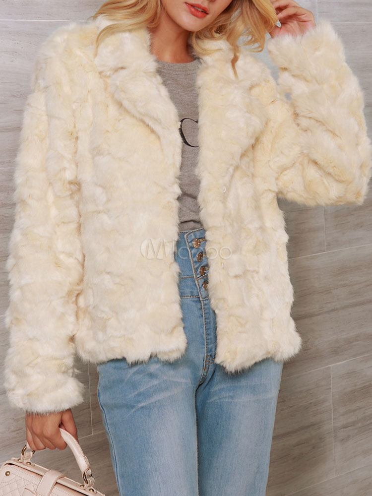 Faux Fur Coats White Fuzzy Coat Long Sleeves Front Button Women Winter ...