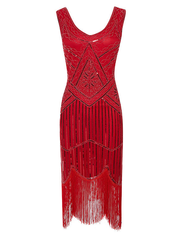 Costumes Costumes | Red Flapper Dress Stripes Sequins Bead Fringe 1920s ...