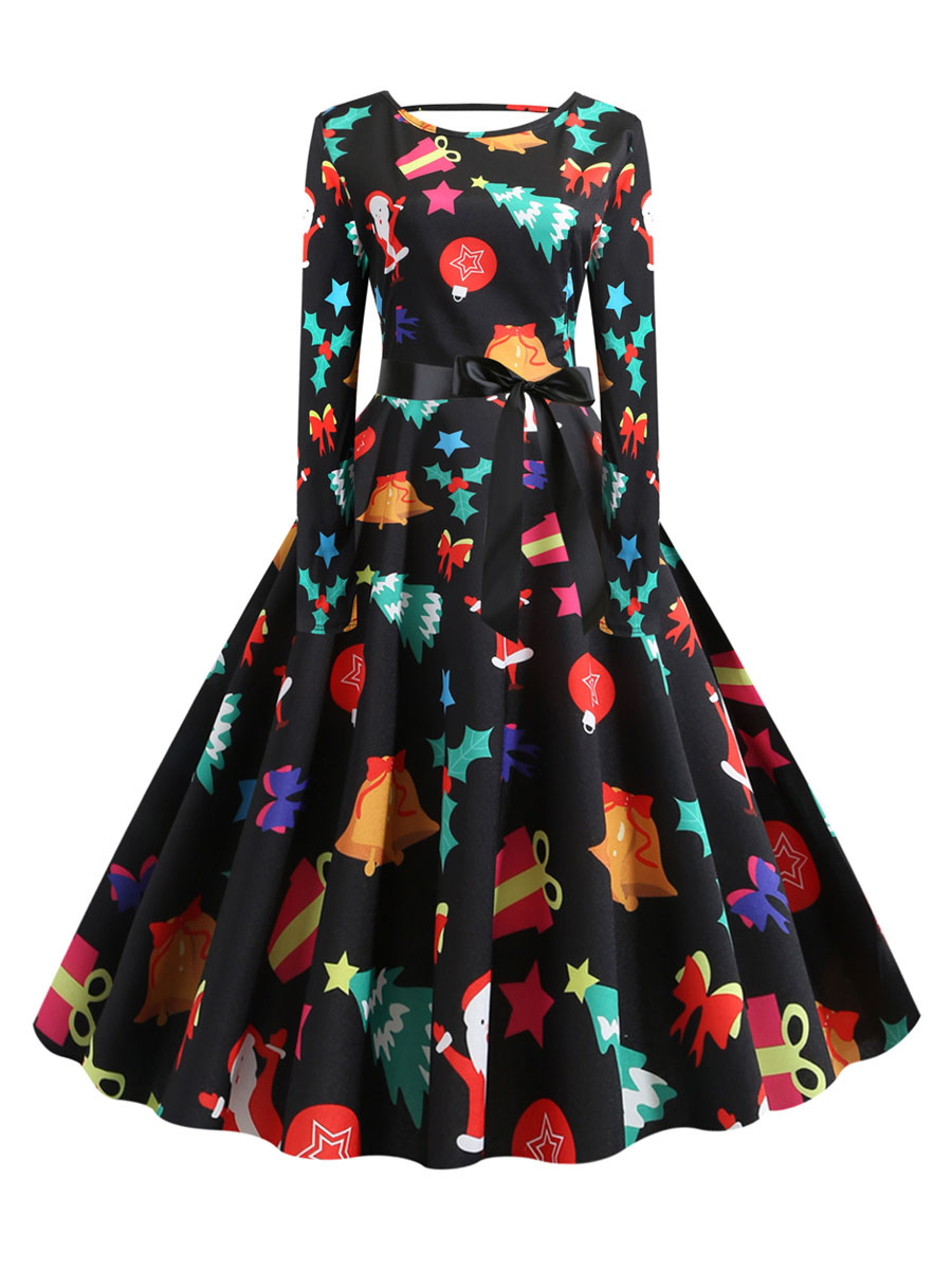 Robe vintage des années 1950 noir modèle de Noël &#39;arcs manches longues bijou cou robe rockabilly