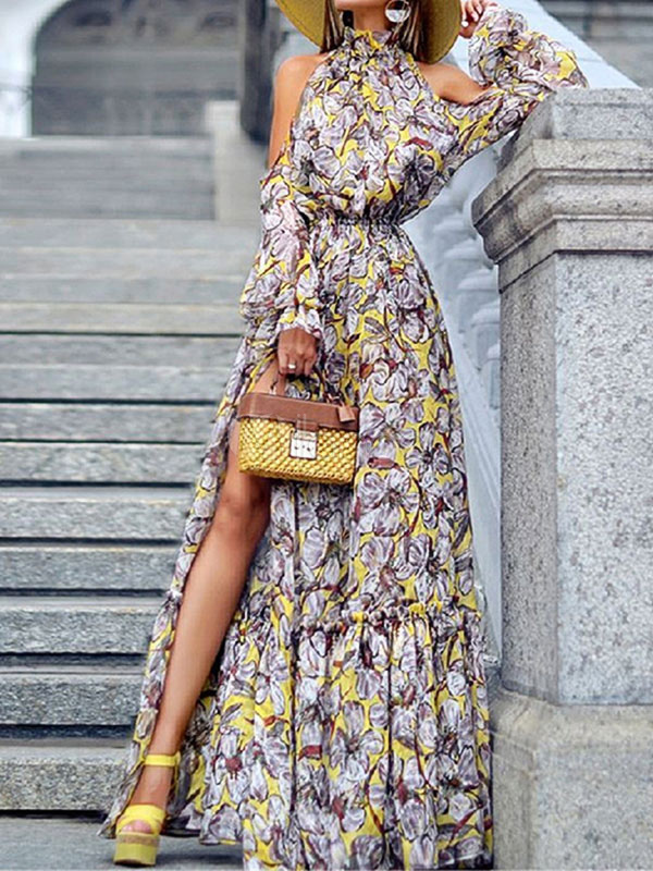 Vestiti Lunghi Giallo Abiti Lunghi maniche lunghe di poliestere stampa  floreale Vestiti Lunghi Eleganti con spalla scoperta con collo arrotondato  - Milanoo.com