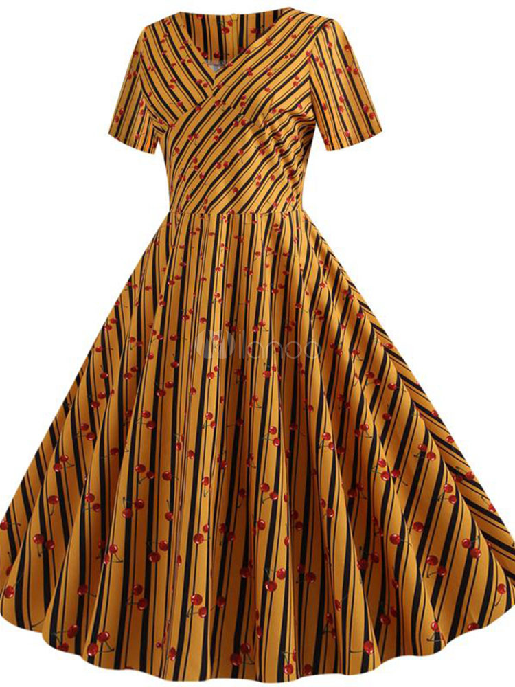 レトロワンピース ストライプ オレンジ ヴィンテージドレス 1950年代 Vネック 半袖 バイカラー レディース プリント ロカビリーワンピース 結婚式 二次会 お呼ばれ 発表会ワンピース Milanoo Jp