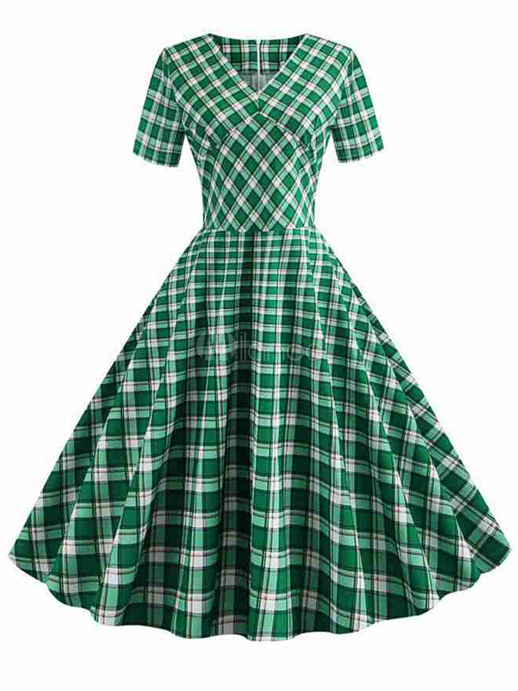Vintage Dress 1950s V Neck Short Sleeves Woman's Printed Swing Dress ...