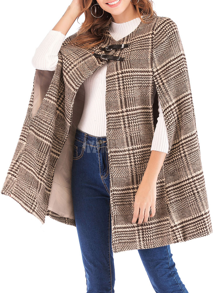 Women Poncho Plaid Jewel Neck Camel Poncho Layered Buttons Cape ...