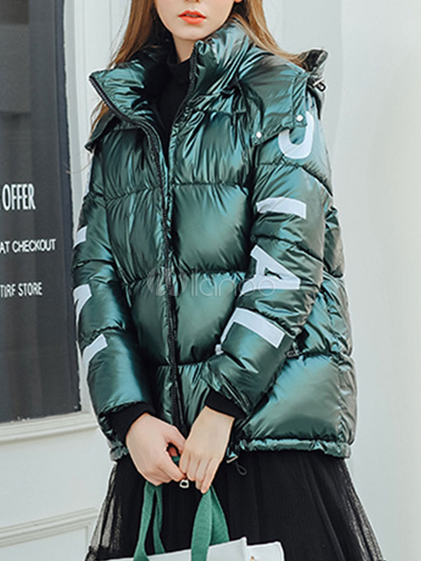 Puffer Coats Letters Print Quilted Coat Casual Woman Hooded Long ...