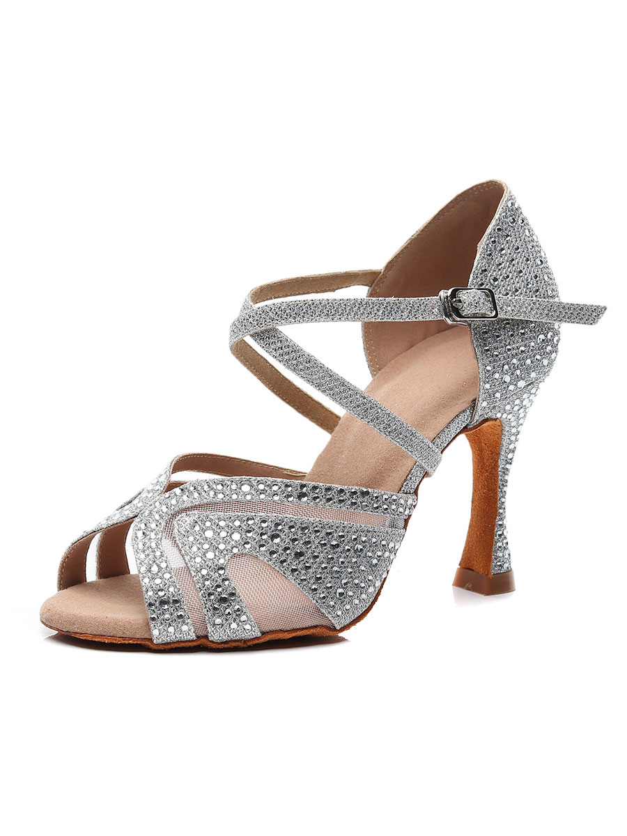 Zapatos de Fiesta | Zapatos de baile latino personalizados para mujer Zapatos de baile de salón con pedrería plateados - NI81045