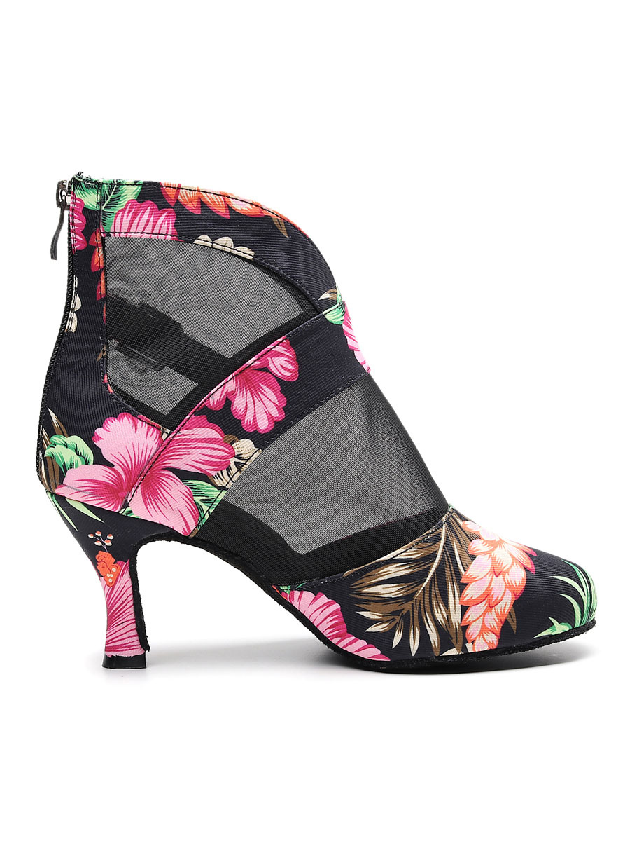 Latin Dance Shoes Black Round Toe Floral Printed Ballroom Dance Boots